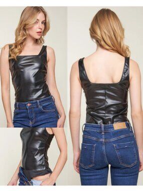 Popular 21 Black Faux Leather Sleeveless Square Neck Bodysuit Women's Medium